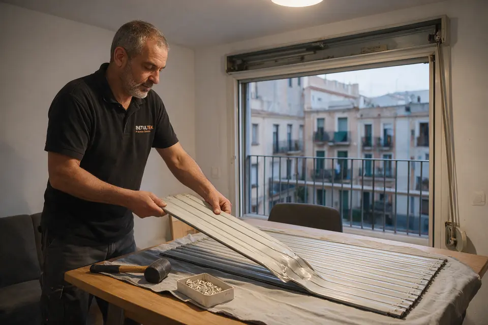 Técnico cambiando una lama doblada de una persiana en Badalona